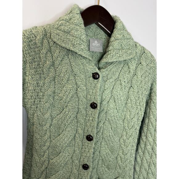 Aran Woolen Mills Super Soft Merino Wool Cable Knit Fishermen Cardigan Green S - Picture 2 of 10